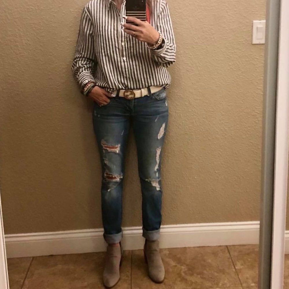 Rachel Hollis Ltd. Woven Henley Shirt Gray Stripe